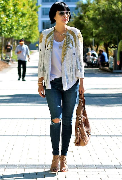 Haute Hippie jacket, Club Monaco tank, Joe's Jeans, Belle by Sigerson Morrison shoes, Ray-Ban sunglasses, Gucci bag