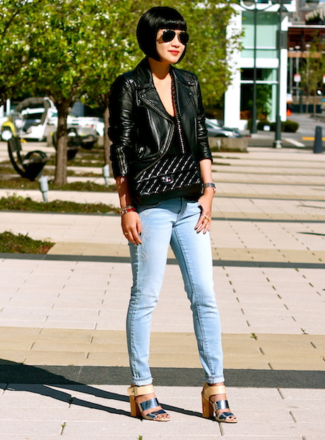 Club Monaco leather jacket, Zara tank, Gap jeans, Sam Edelman heels, Chanel bag, Ray-Ban sunglasses