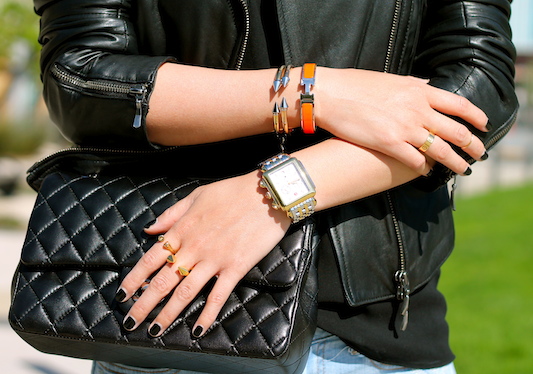 Vita Fede and Hermes bracelets, Cartier, Vita Fede and Melinda Maria rings, Michele watches
