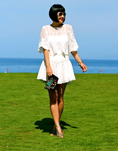 Naive Nation top and bottom, Sam Edelman gladiator sandals, Zara beaded bag, Ray-Ban sunglasses