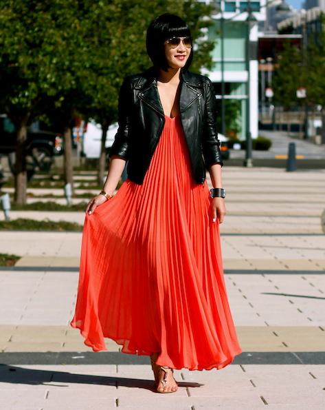 BCBG dress , Club Monaco leather jacket , Coach sandals, Ray-Ban sunglasses