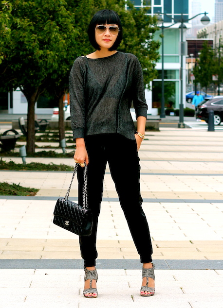 Club Monaco sweater , Vince pants , Nine West shoes, Ray-Ban sunglasses , Chanel bag