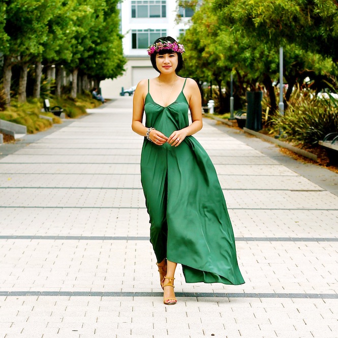 Pink Stitch maxi dress , flower crown by Wish Social Events , Chloe shoes 