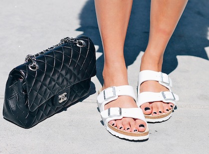 Chanel bag, Birkenstock sandals