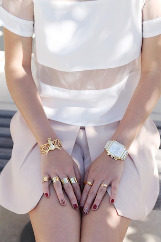 Svelte Metals bracelet , Maison Martin Margiela , Vita Fede and Cartier rings, Michele watch