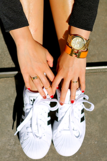 Adidas shoes, Cartier, Brandy Pham and my own rings , Michael Kors watch, Hermes bracelet
