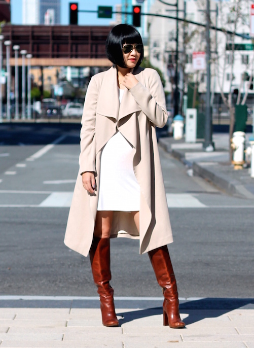 Club Monaco trench coat , Reformation dress , Tory Burch boots, Ray-Ban sunglasses