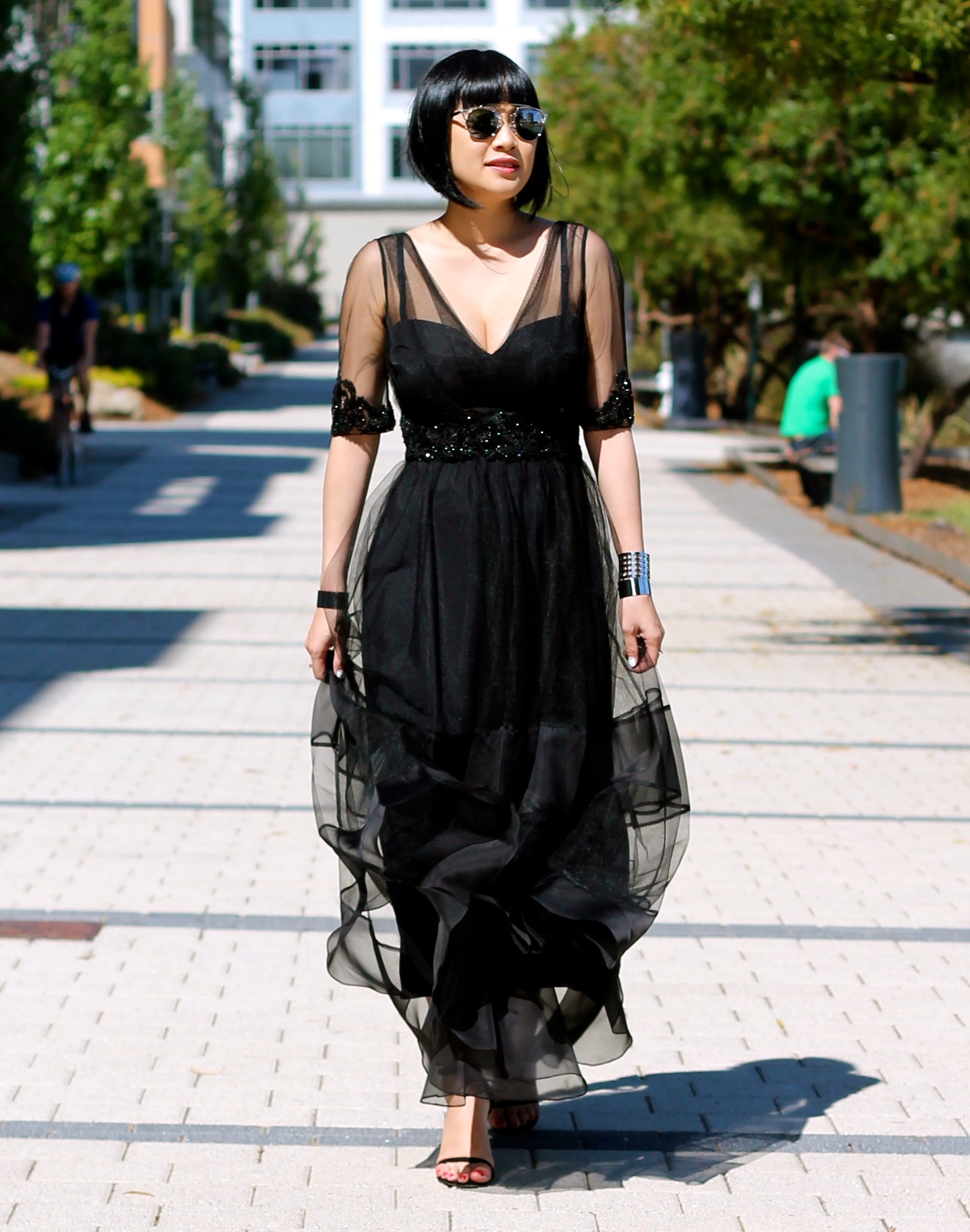 dress c/o Marchesa, Christian Dior sunglasses , Stuart Weitzman shoes , Svelte Metals jewelry