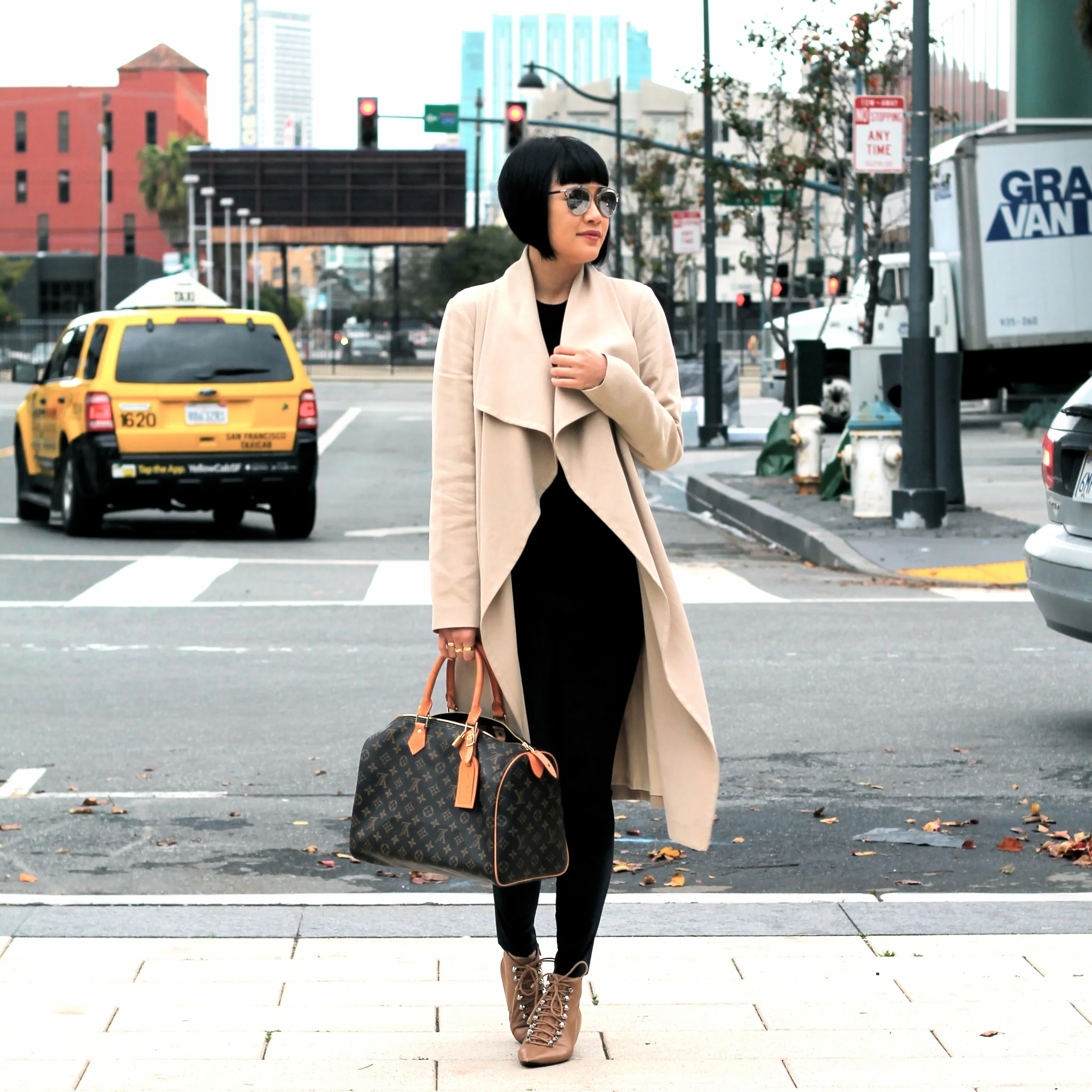 Club Monaco coat, Aritzia sweater and leggings, Balenciaga shoes, Louis Vuitton bag, Dior sunglasses