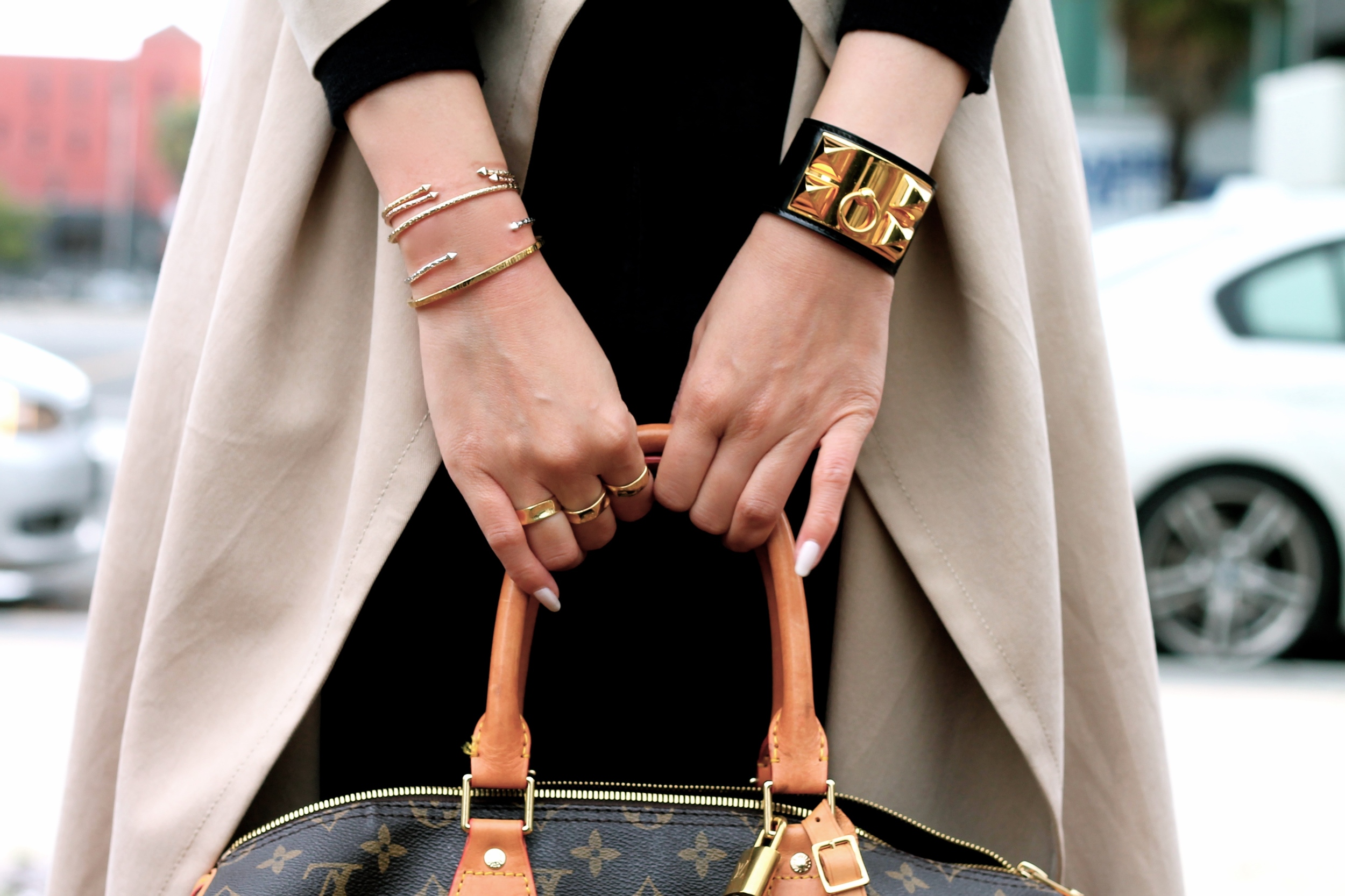 Svelte Metals, YSL and Hermes bracelets, my own rings