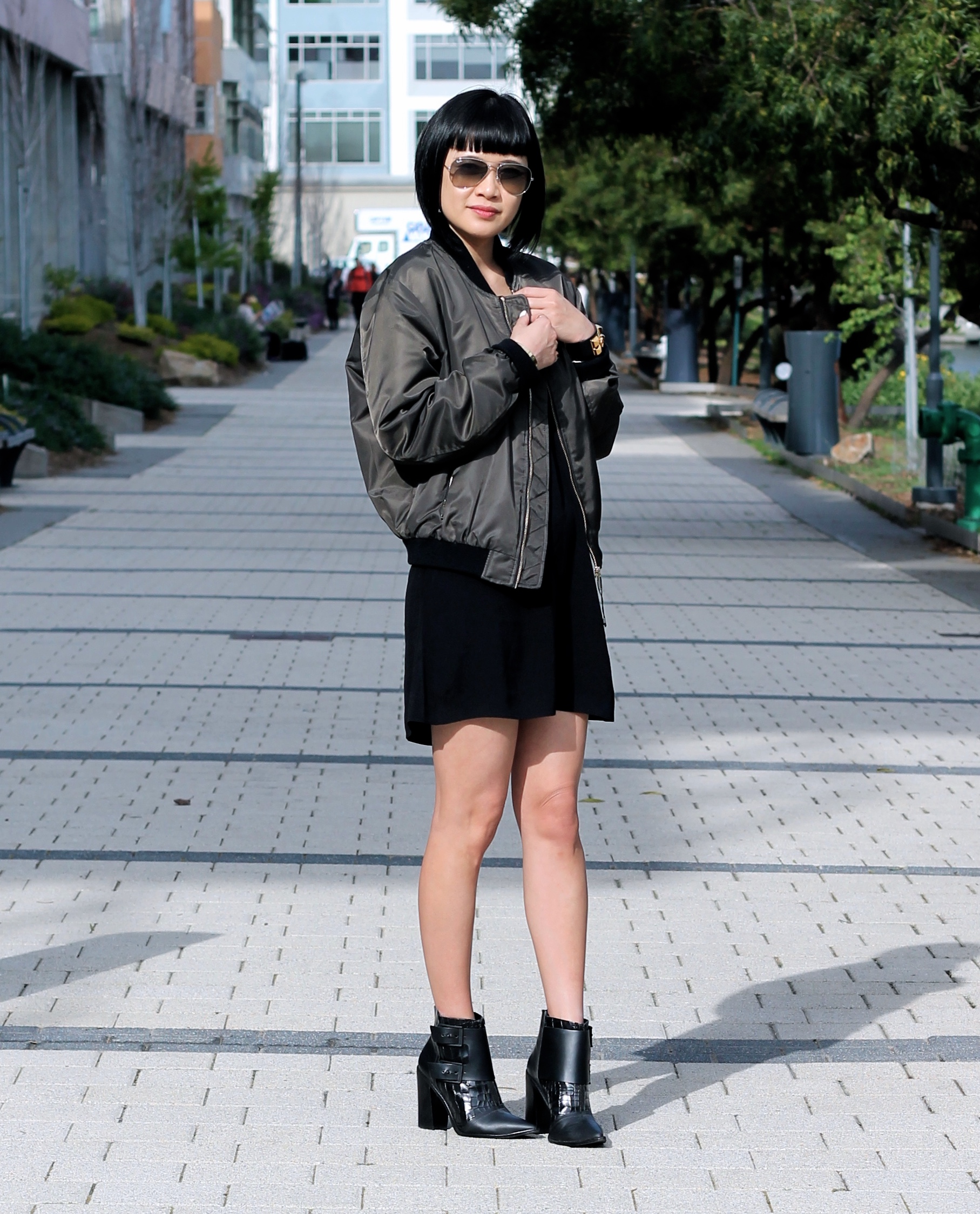 Zara jacket, Aritzia dress, Tibi booties, Ray Ban sunglasses