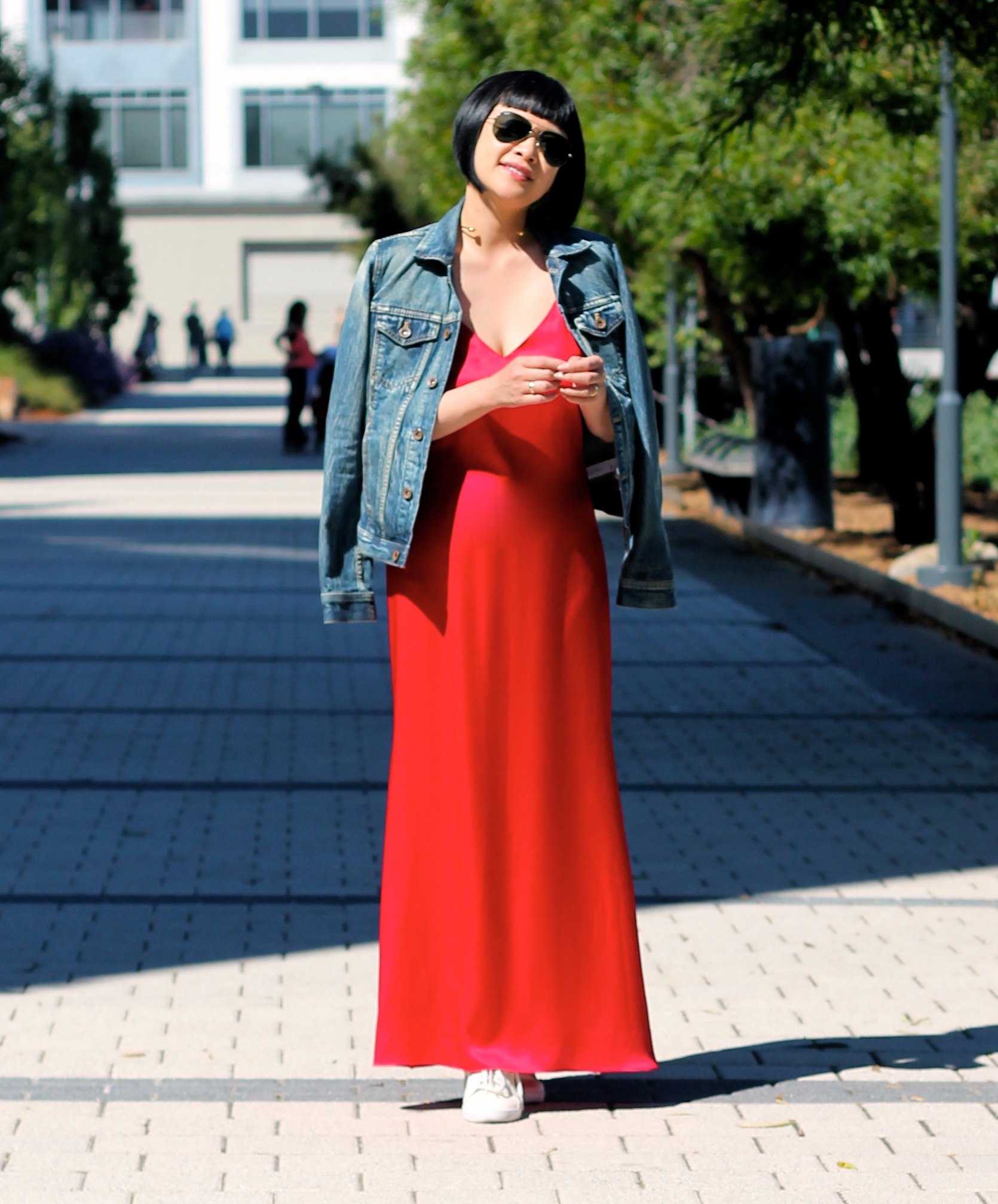 Madewell denim jacket, Reformation dress, Puma shoes, Ray-Ban sunglasses, Svelte Metals necklace