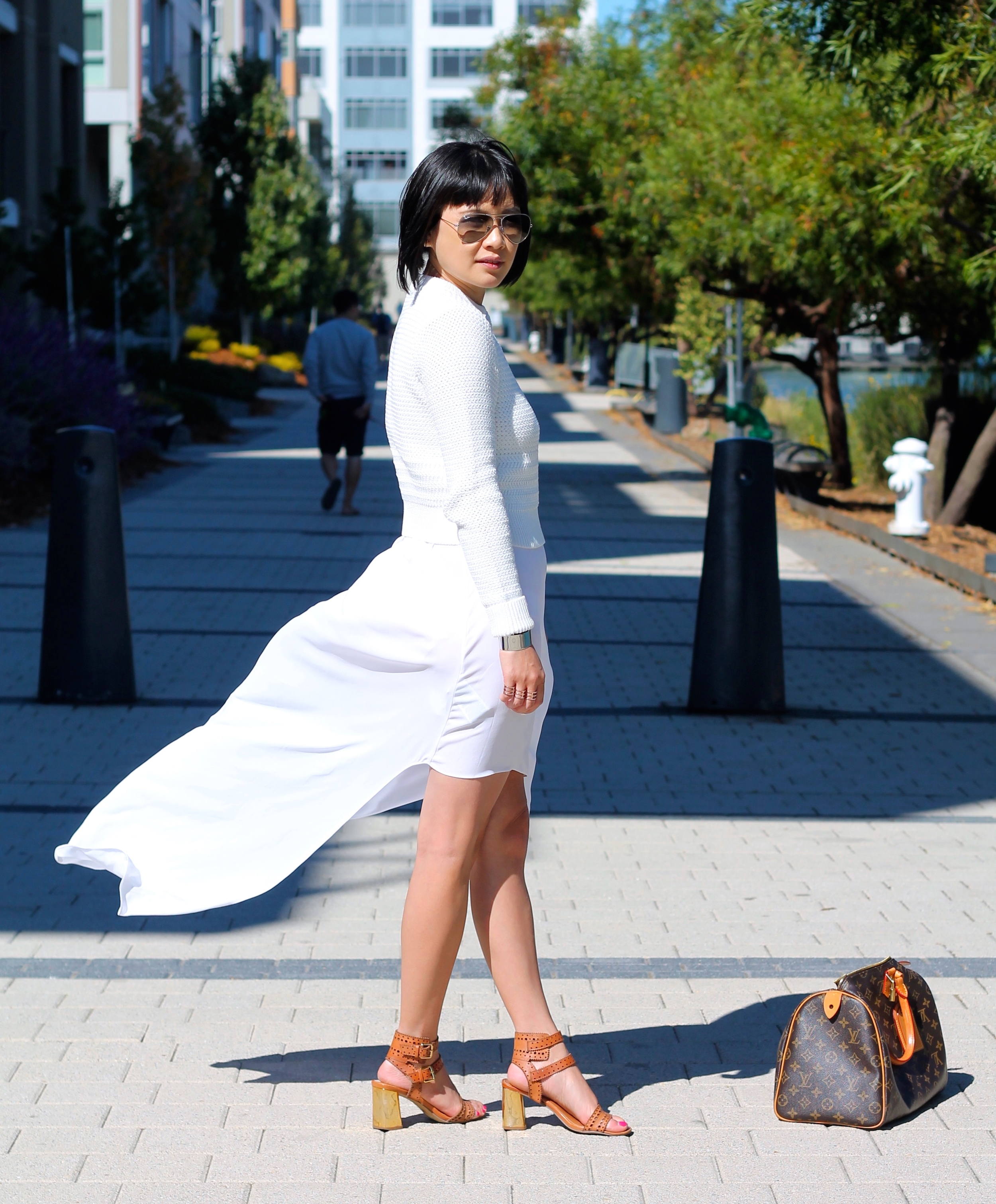 Club Monaco sweater, BCBG dress, Dolce Vita shoes, Ray-Ban sunglasses, Louis Vuitton bag