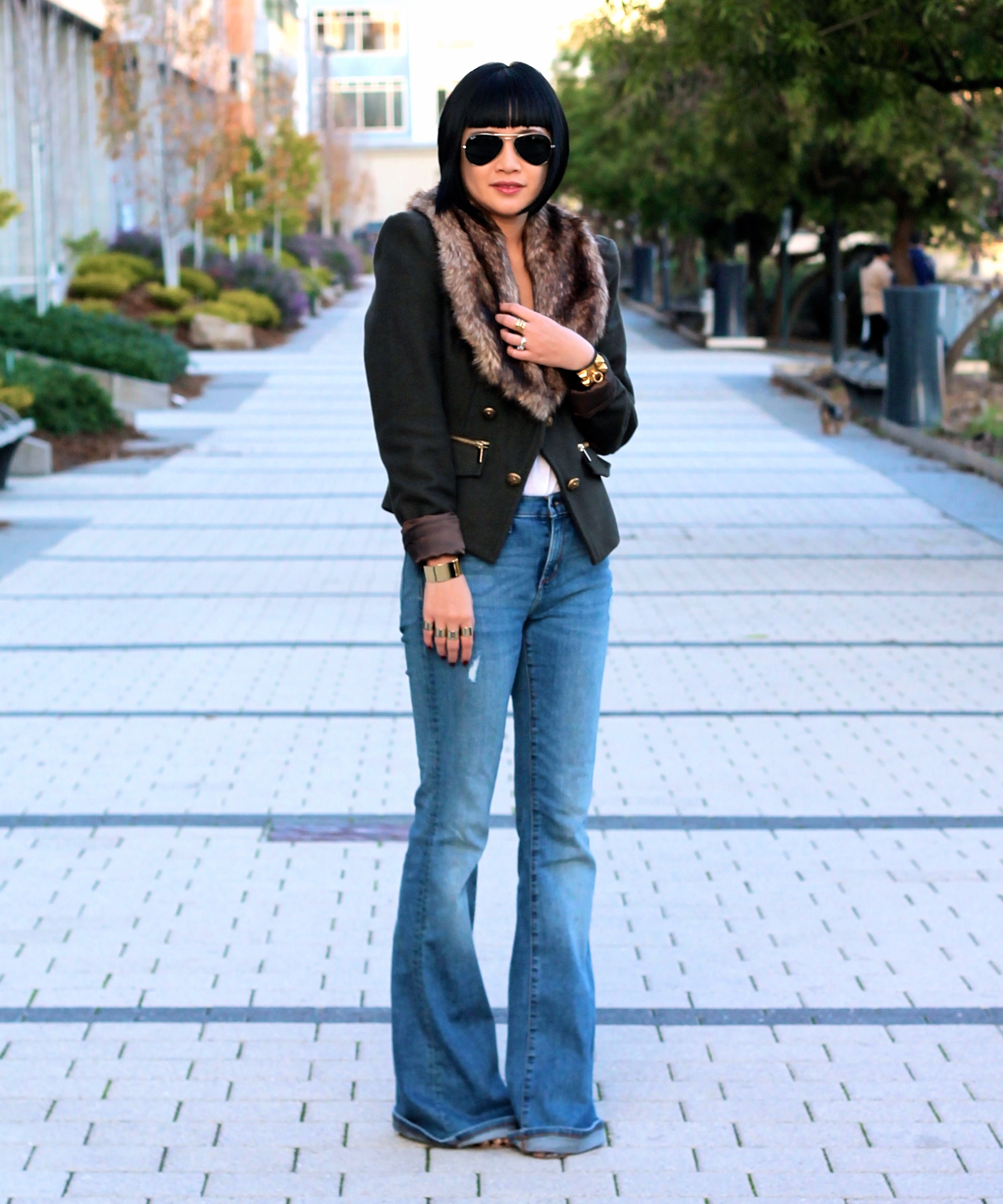Bebe jacket, Banana Republic jeans, Ray-Ban sunglasses
