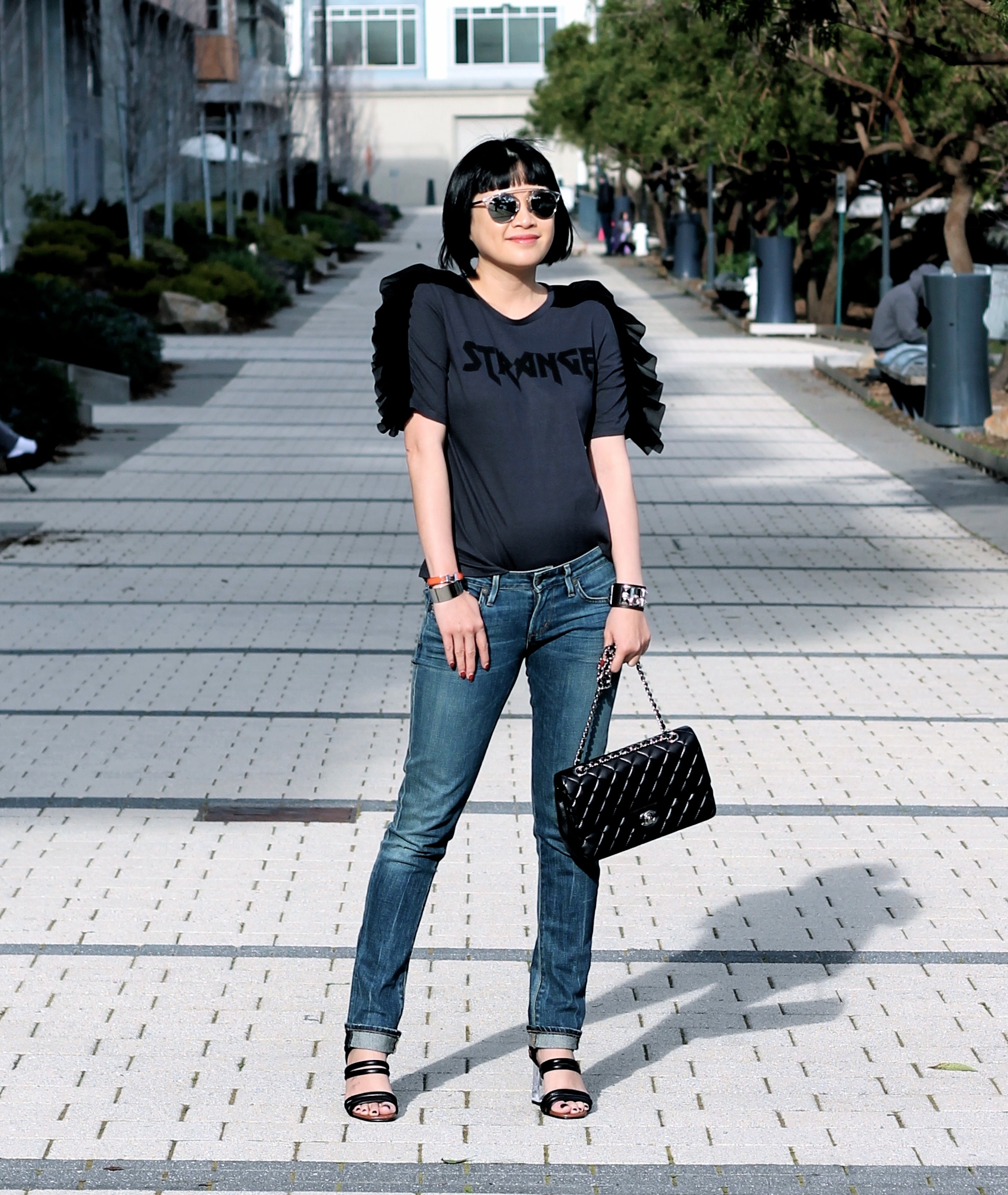 Zara shirt, Citizens of Humanity jeans, Zara sandals, Dior sunglasses, Chanel bag