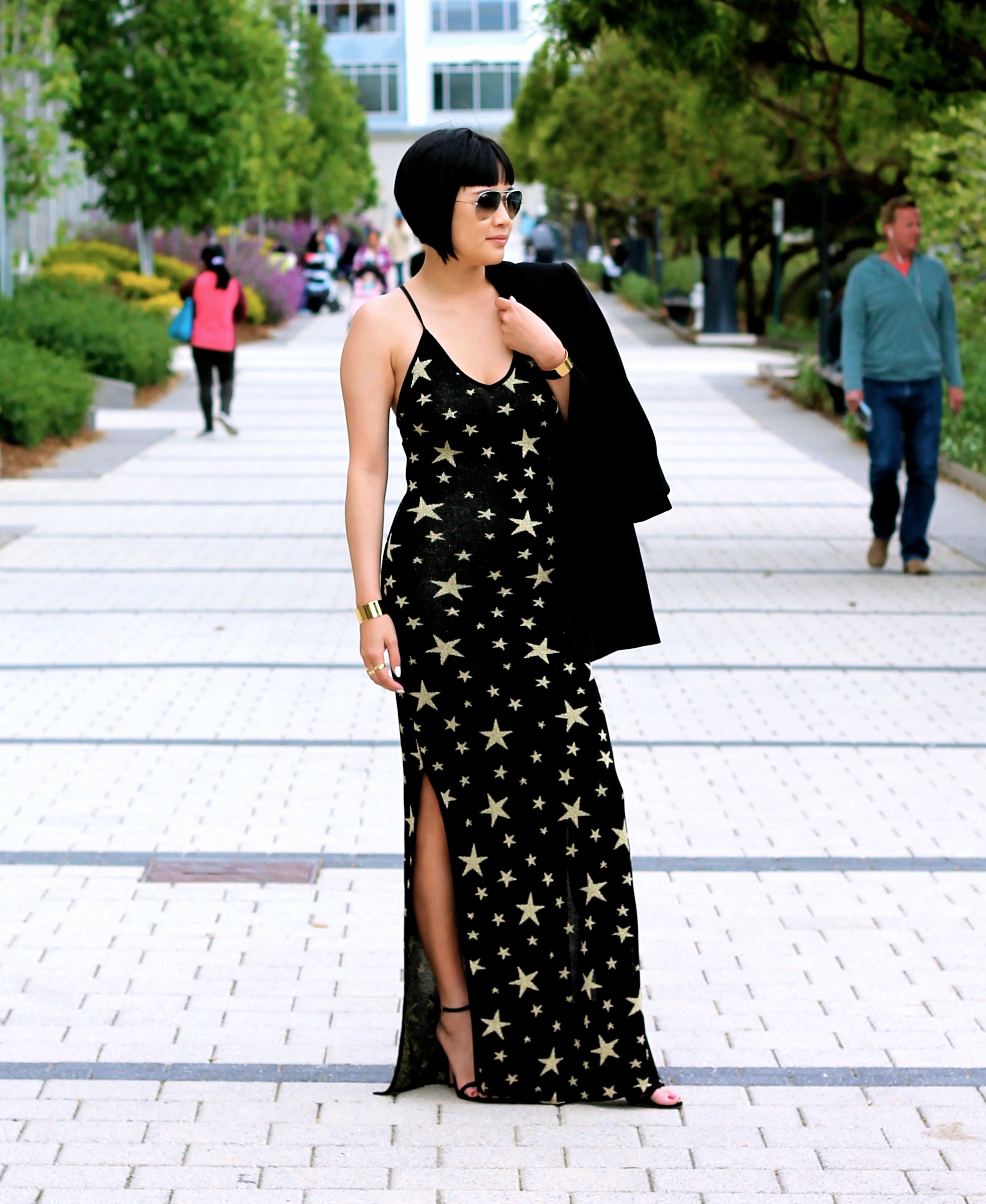 House of Harlow dress, Asos jacket, Stuart Weitzman shoes, Ray-Ban sunglasses, Svelte Metals cuffs