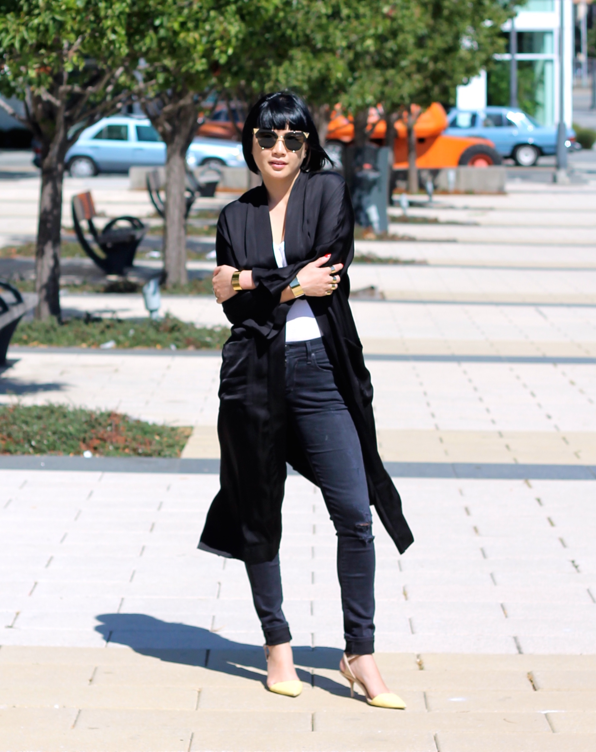 Aritzia duster jacket, Citizens of Humanity jeans, Club Monaco top, Fendi Sunglasses, Zara shoes, Svelte Metals cuffs