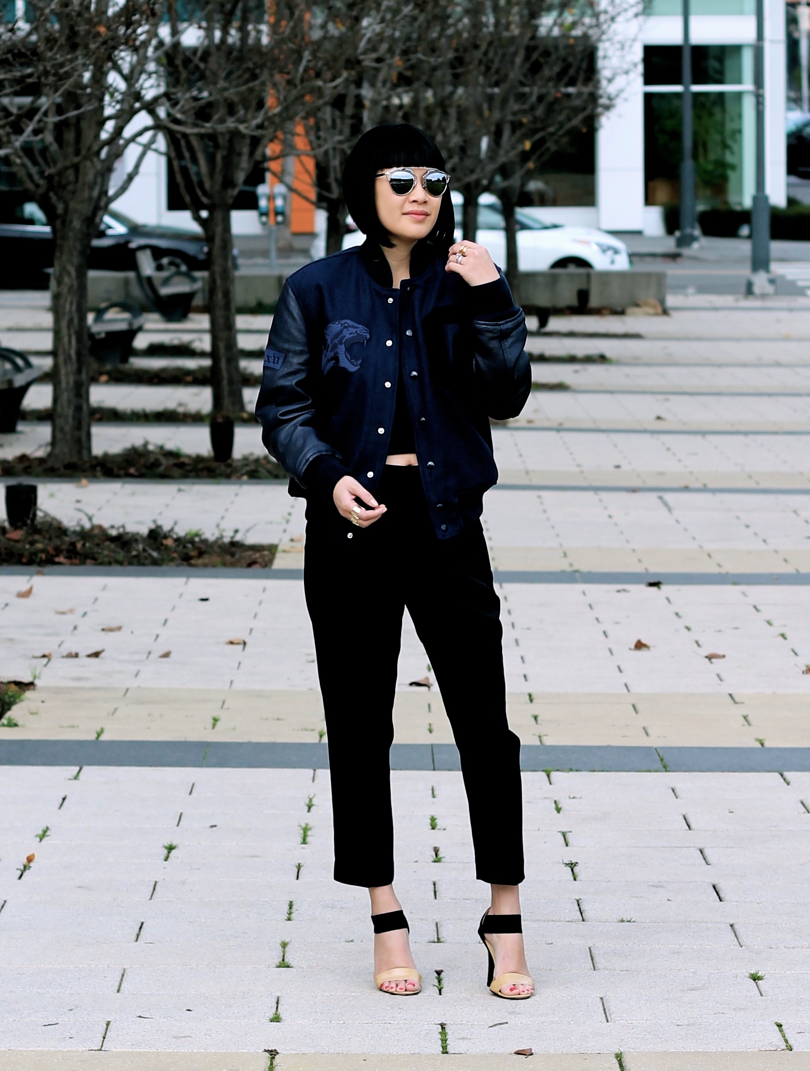 Aritzia jacket and pants, Calvin Klein t-shirt, Michael Kors heels, Dior sunglasses