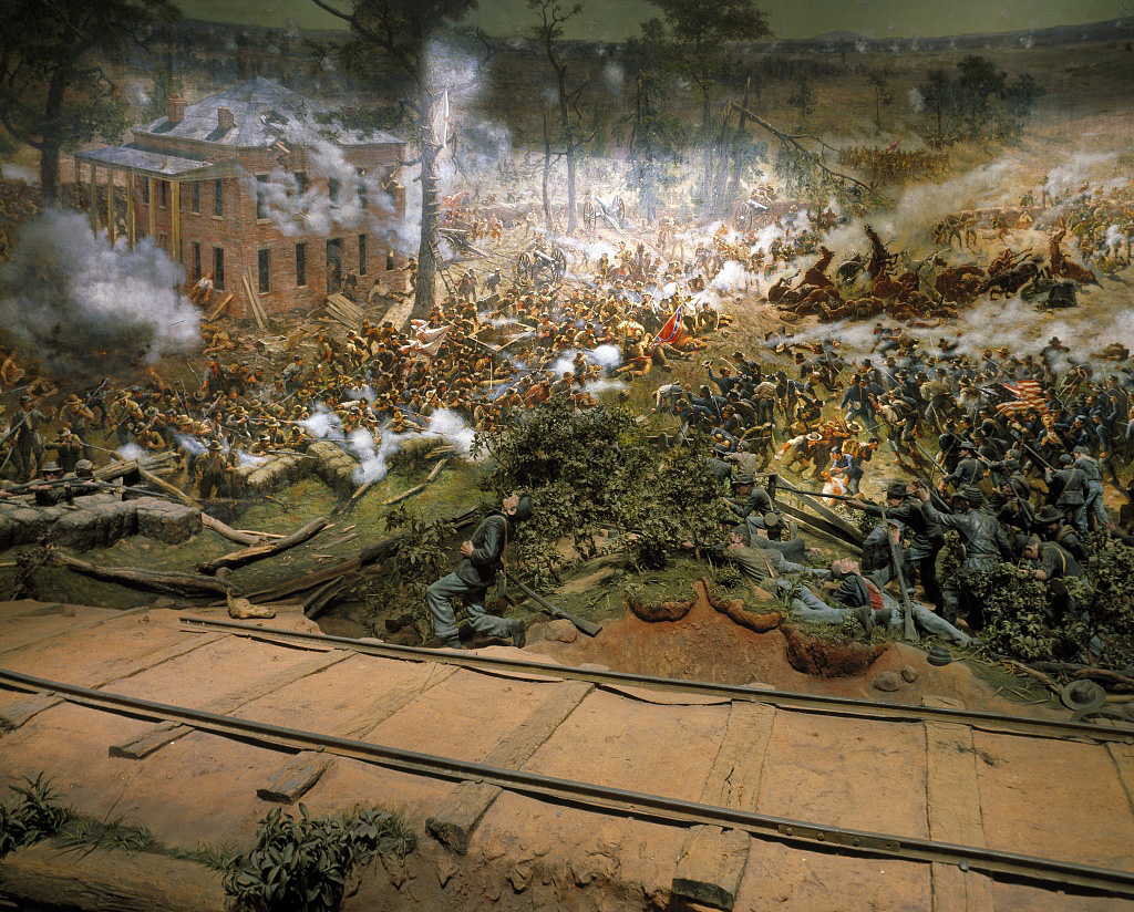 This is not one of our photos. There is no photography allowed of the painting/diorama so I pinched this off google. It shows a tiny part of the painting and a few of the 3D figures, but is a good indication of the work that went into creating it.