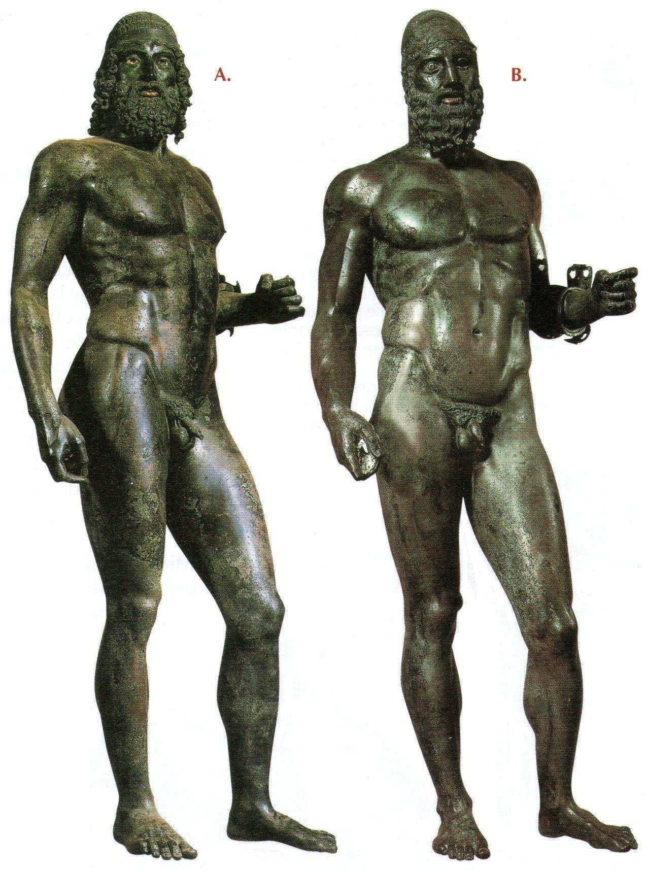 Riace Bronzes or the Riace Warriors, the pair of life size statues depict naked Greek warriors and were created between 460–420 BC.