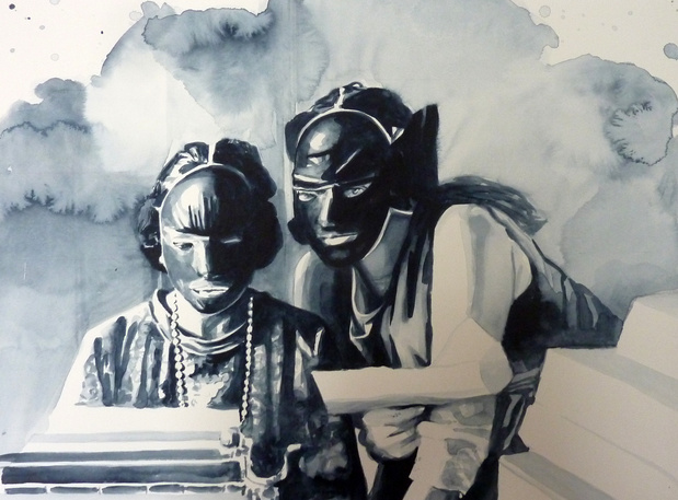 Giulia Andreani , Les comploteuses , 2015 Aquarelle sur papier — 36 × 48 cm Courtesy galerie Maïa Muller, Paris