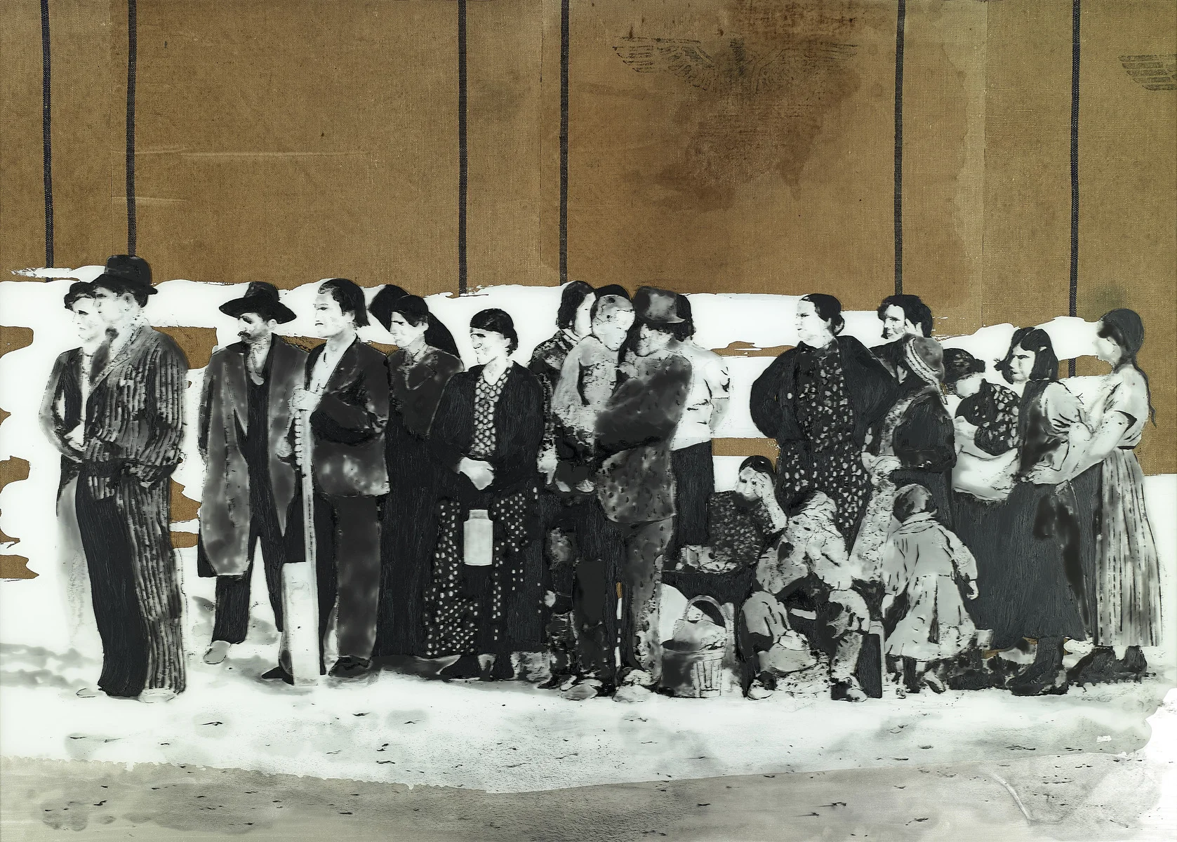 Jean-Marc Cerino &nbsp;Sinti et roms en attente de leur déportation, 2015 huile sur verre, acrylique et sac de ravitaillement de la Heer IIIe Reich sous verre, 118 x 162 cm