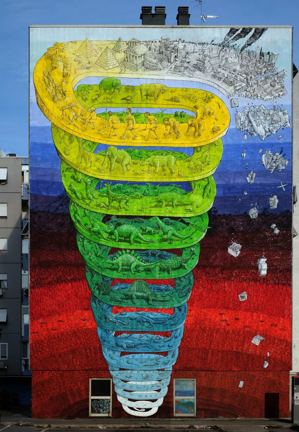"L'histoire de la vie", fresque murale de l'artiste italien Blu , Rome, Casal de' Pazzi, 2015. Réalisée avec le comité de quartier Mammut