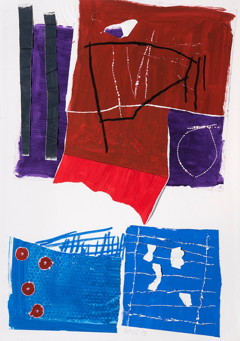 Jan Voss, A quatre temps , 2015 Aquarelle, gouache, pastel gras, collage sur papier — 105 × 75 cm © Courtesy Galerie Lelong / Photo Fabrice Gibert
