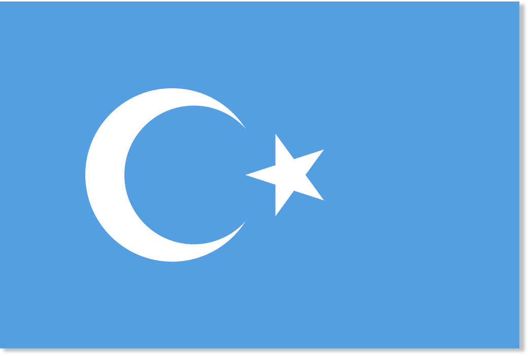 Le drapeau (projeté) du Turkestan oriental, c'est à dire le Xinjiang chinois, habité par la minorité ethnique turcophone des Ouïghours.