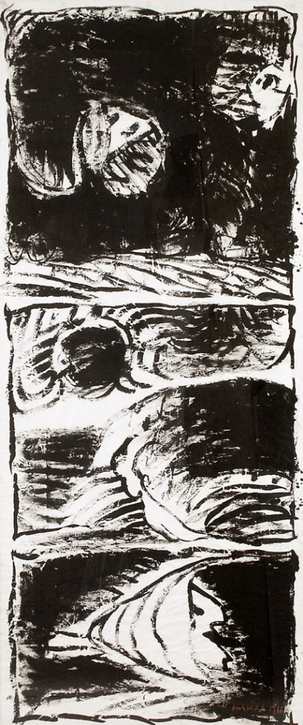 Pierre Alechinsky : Tierce personne,1976-77. Encre sur papier, 213 cm x 91. Courtesy galerie Lelong.