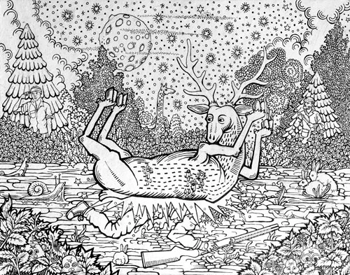 Agathe Pitié : Combardus Mortuis-The Deer Hunter, 2015. Encre de Chine sur papier de cannabis, 24 cm x 32. Agathe Pitié.