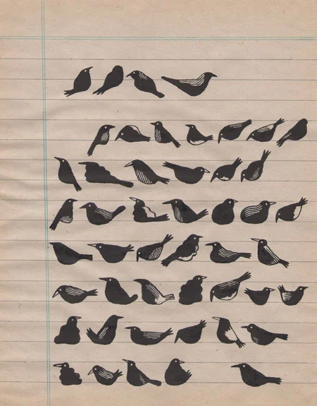 Jochen Gerner : Ornithologie 5, 2015. Encre de Chine sur support imprimé, 17,7 cm x 13,8. Courtesy galerie Anne Barrault.