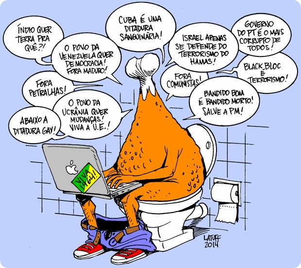 Une synthèse de la pensée coxinha , par Carlos Latuff : "les Indiens veulent de la terre ? Pour quoi faire ? Cuba est une dictature sanguinaire ! Un bon bandit est un bandit mort " etc.