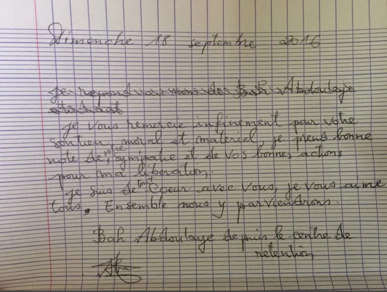 18 septembre : la lettre d'Abdoulaye depuis le centre de détention