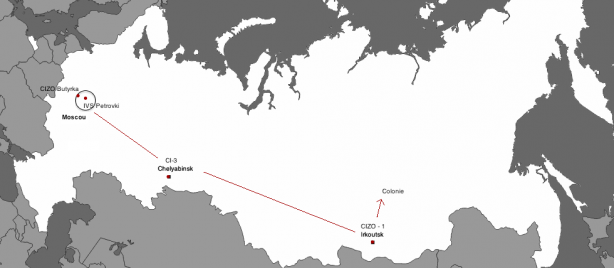 Après le CIZO ( CI, CIZO : Centres de détention ) de Butyrka et sa condamnation, Sutuga est envoyé en train vers la Sibérie, où il passe par le centre de détention d’Irkoutsk (CIZO-1) après un transfert par le CI-3 de Chelyabinsk.