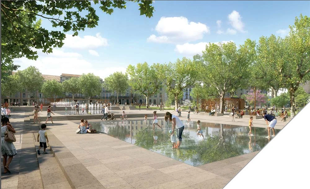 Attention, image piégeuse, mais indispensable dans le raisonnement : il s’agit d’un autre projet de réaménagement d’une place, mais cette fois-ci à Béziers. Mêmes ingrédients : les gentils zenfants, tous des babtous, le désert autour des gens sur l’…