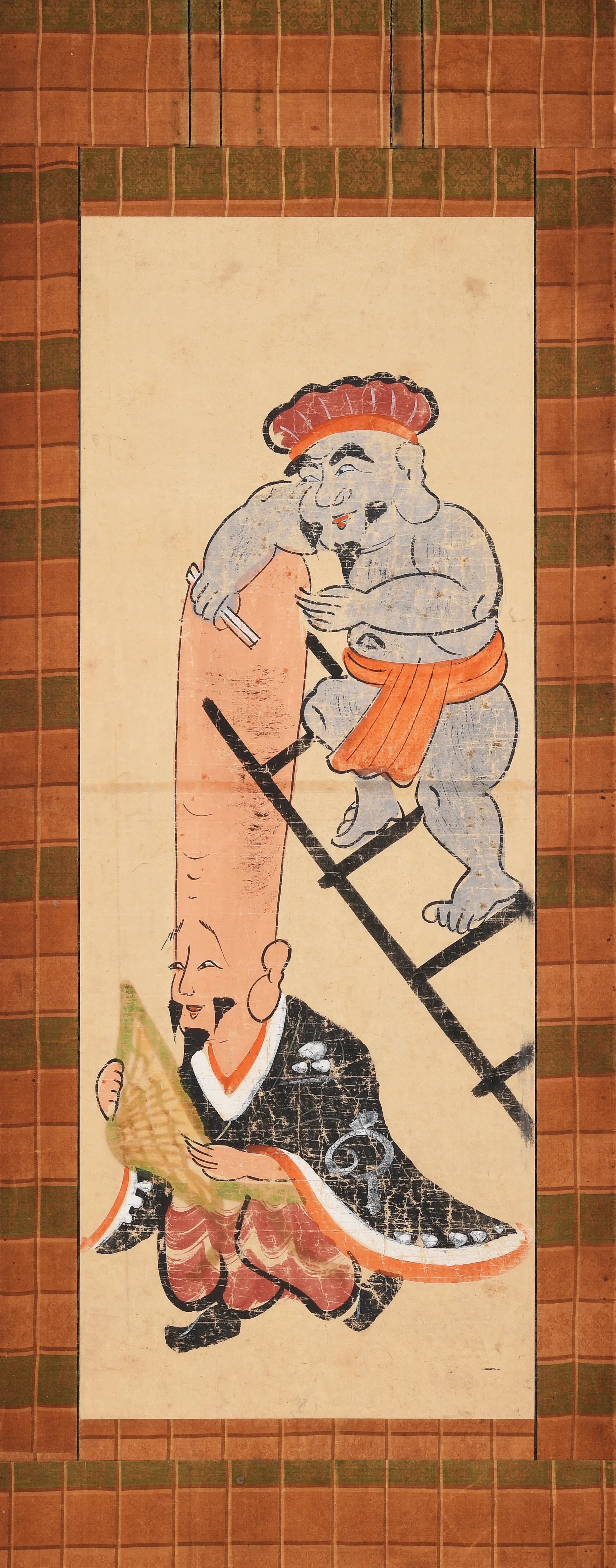 Le dieu de la Fortune rasant le dieu de la Longévité sur une échelle XVIIIe siècle, peinture d’Ôtsu collection particulière, dépôt à l’Ôtsu City Museum of History, Japon.