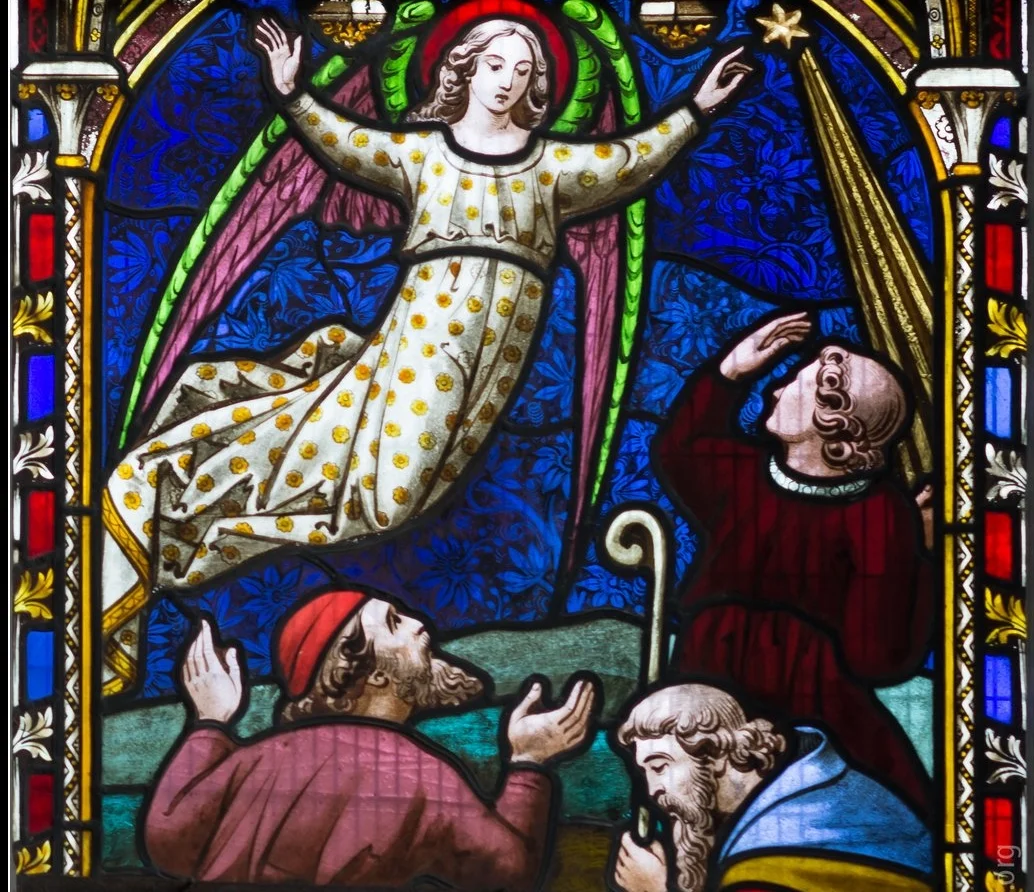 Detail from stained glass in the chancel window, St Mary, Adderbury; image courtesy Howard Stanbury 