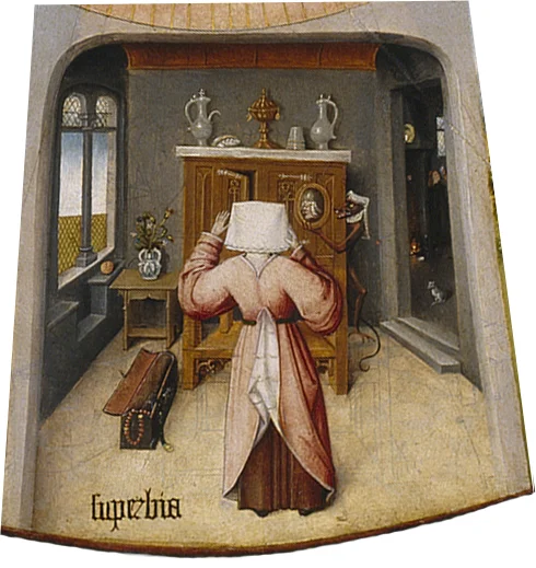 Superbia (Pride) , detail from the Table of the Mortal Sins and the Four Last Things by Hieronymus Bosch.