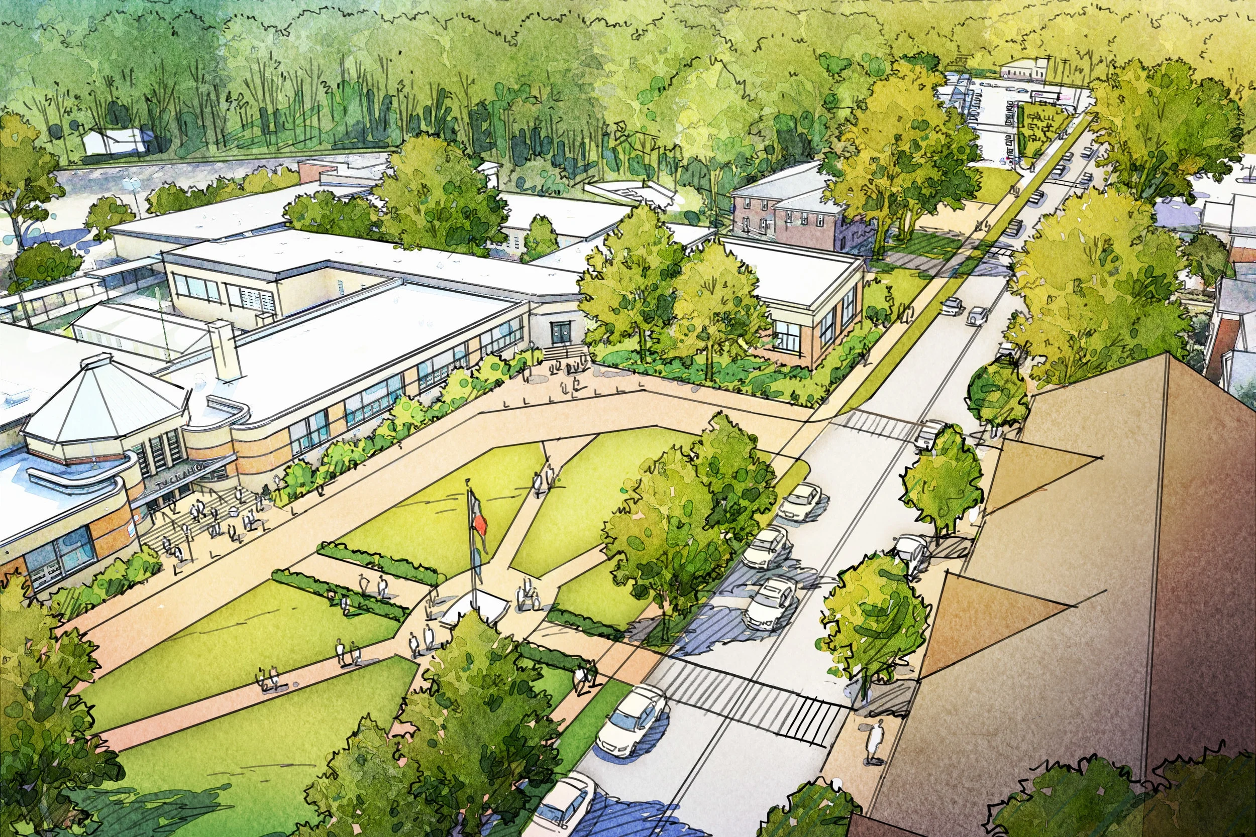 View of proposed bus loop in front of Tuckahoe Elementary and improved pedestrian connections across Forest Avenue. (Click for full size image.)