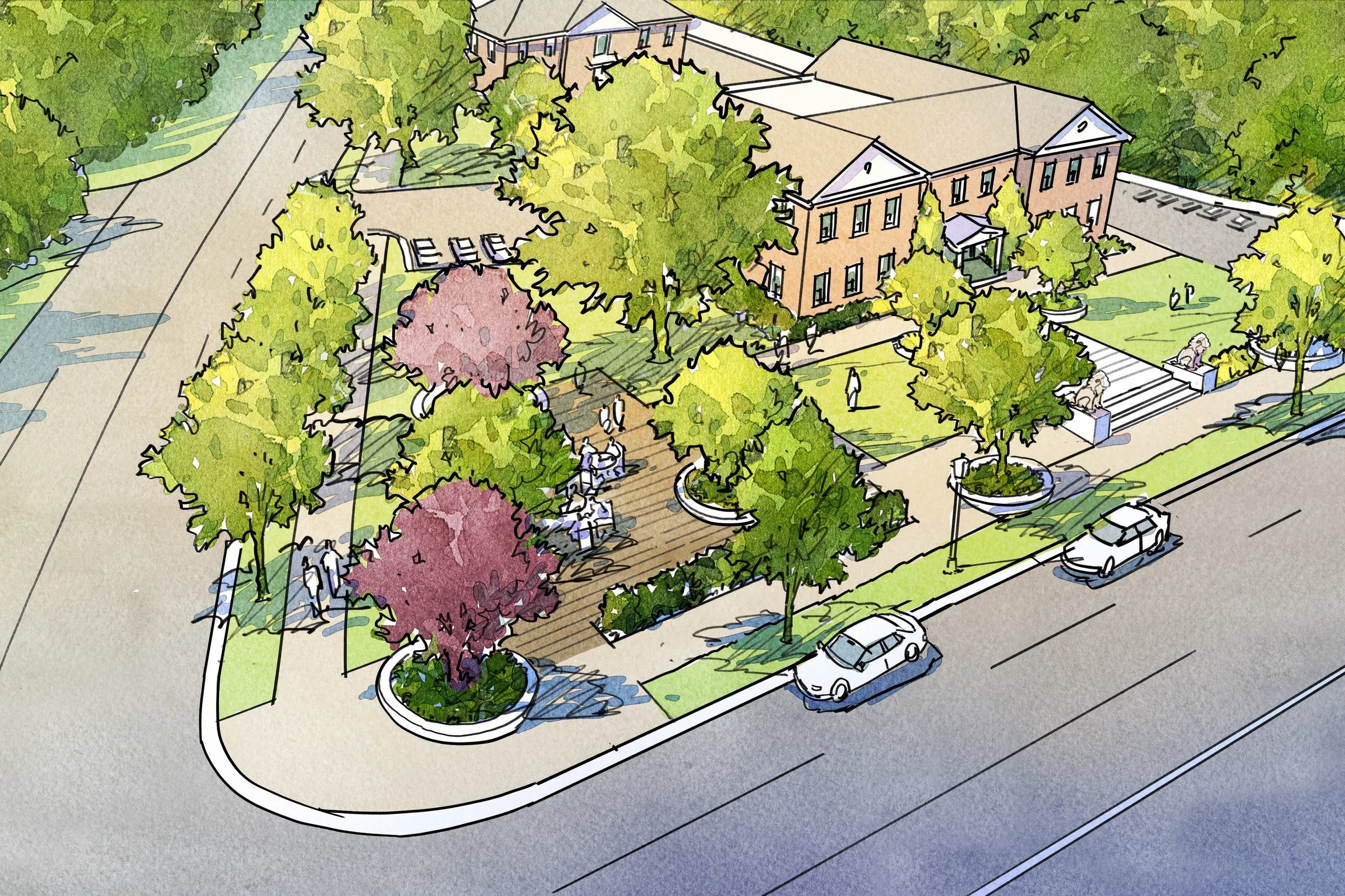 View of proposed plaza in front of Third Church’s office building at the corner of Forest and Ridge Avenues. (Click for full size image.)