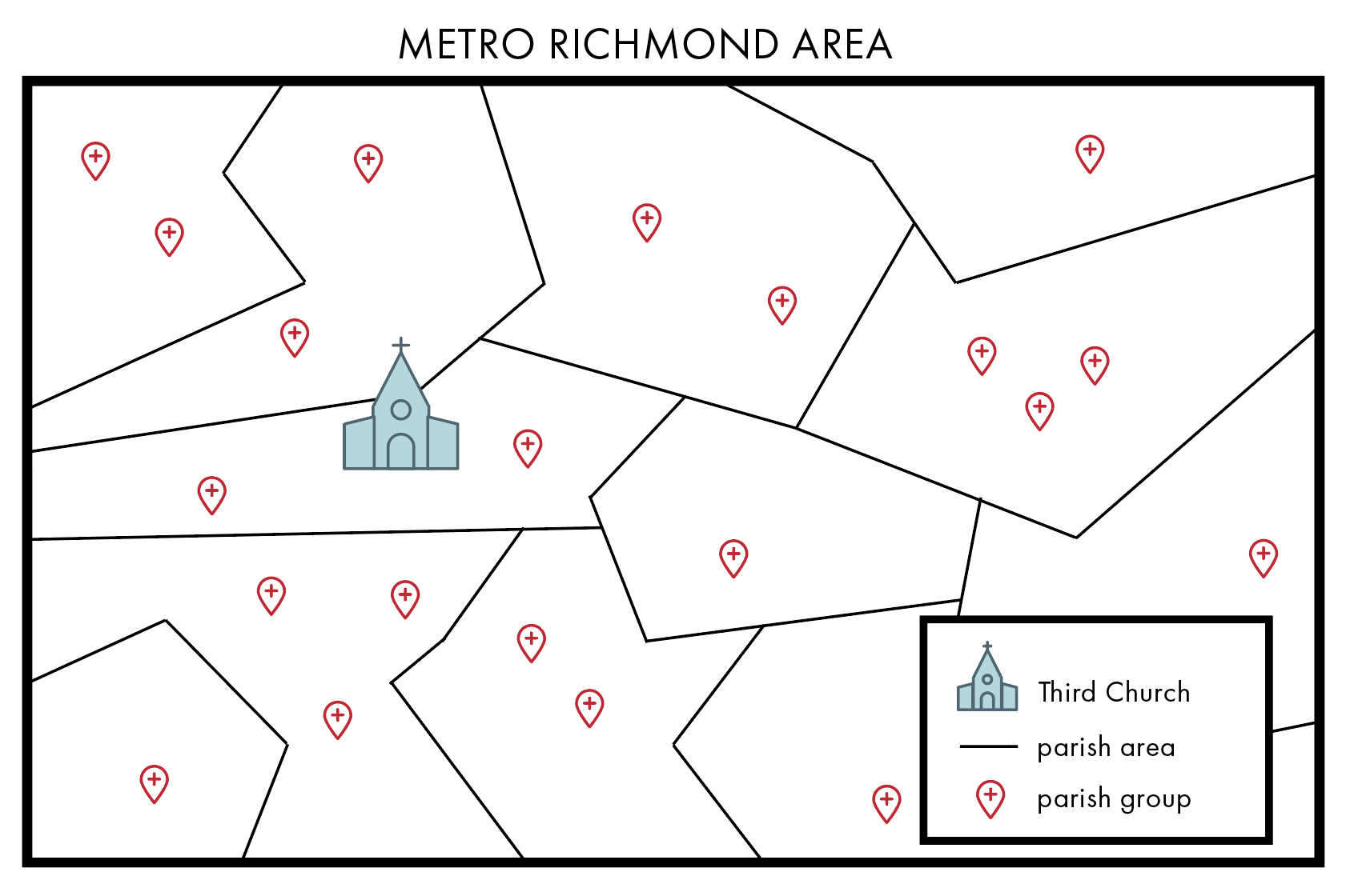 This diagram demonstrates the relationship between the parish areas, the parish groups and our church, to the metro Richmond region. 