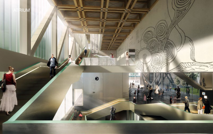 The new building connects with the museum’s existing buildings by a passageway rising 8.2m over its 55m length. Through its sheer length and changes in elevation, the passage creates a surprising mixture of gallery spaces that lead the visitor, as if by chance, to the rest of the museum complex.