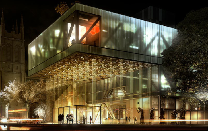 The stacking creates a 14m-high Grand Hall, sheltered under a dramatic 20m cantilever. The Grand Hall serves as an interface to the Grande-allée, an urban plaza for the museum’s public functions, and a series of gateways into the galleries, courtyard and auditorium.