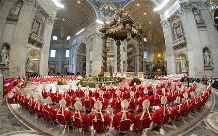Cardinals attend a mass in St. Peter's Basilica, in a picture released by Osservatore Romano at the Vatican March 12, 2013. CREDIT: REUTERS/OSSERVATORE ROMANO