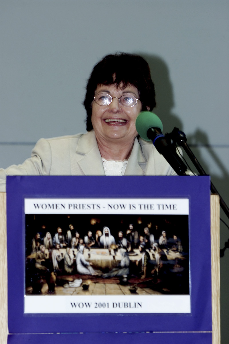  Keynote Speaker Mairead Corrigan Maguire at the podium, Women's Ordination Worldwide First International Conference Dublin, Ireland June 30 - July 1, 2001 