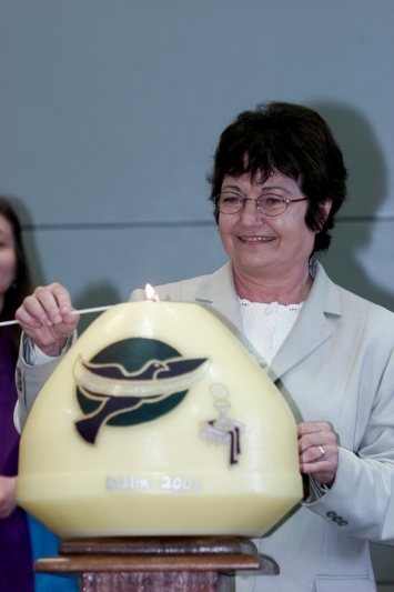  Nobel Peace Prize winner and keynote speaker, Mairead Corrigan Maguire lights the Women's Ordination Worldwide candle at the opening ceremony of WOW's First International Conference held in Dublin, Ireland in 2001. 