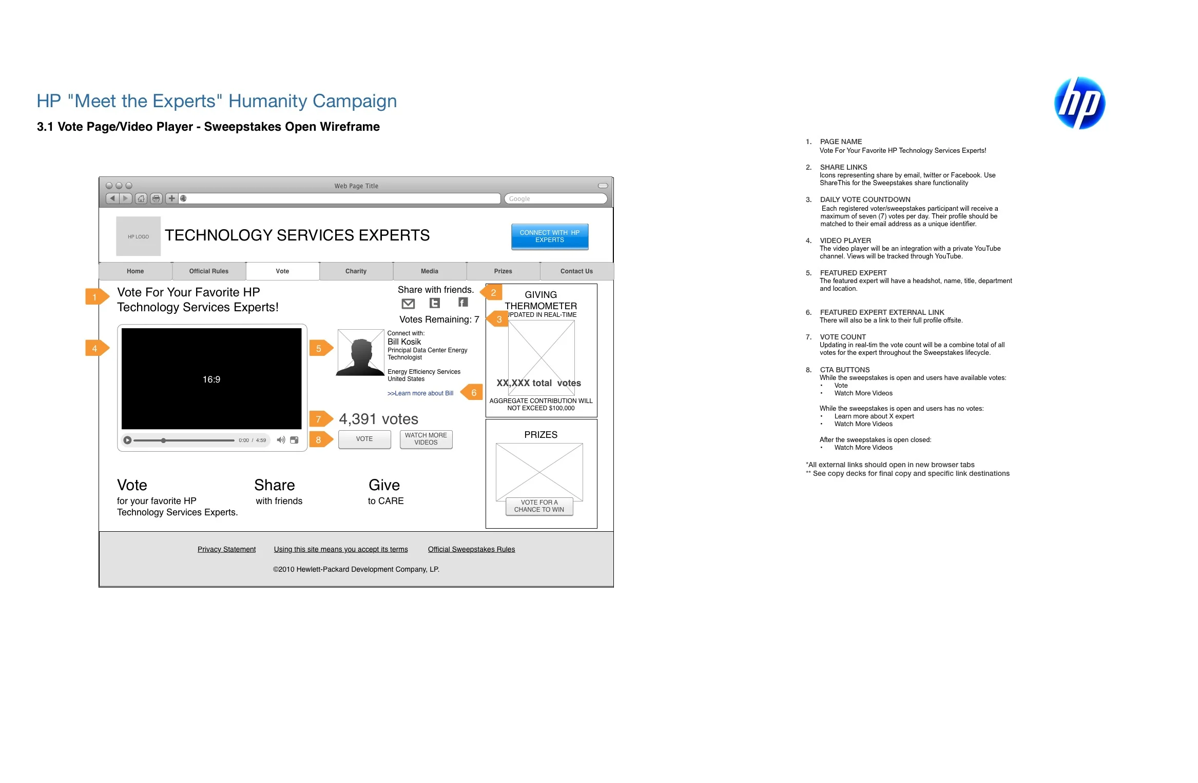 HP Sweepstakes: Voting Page Wireframe