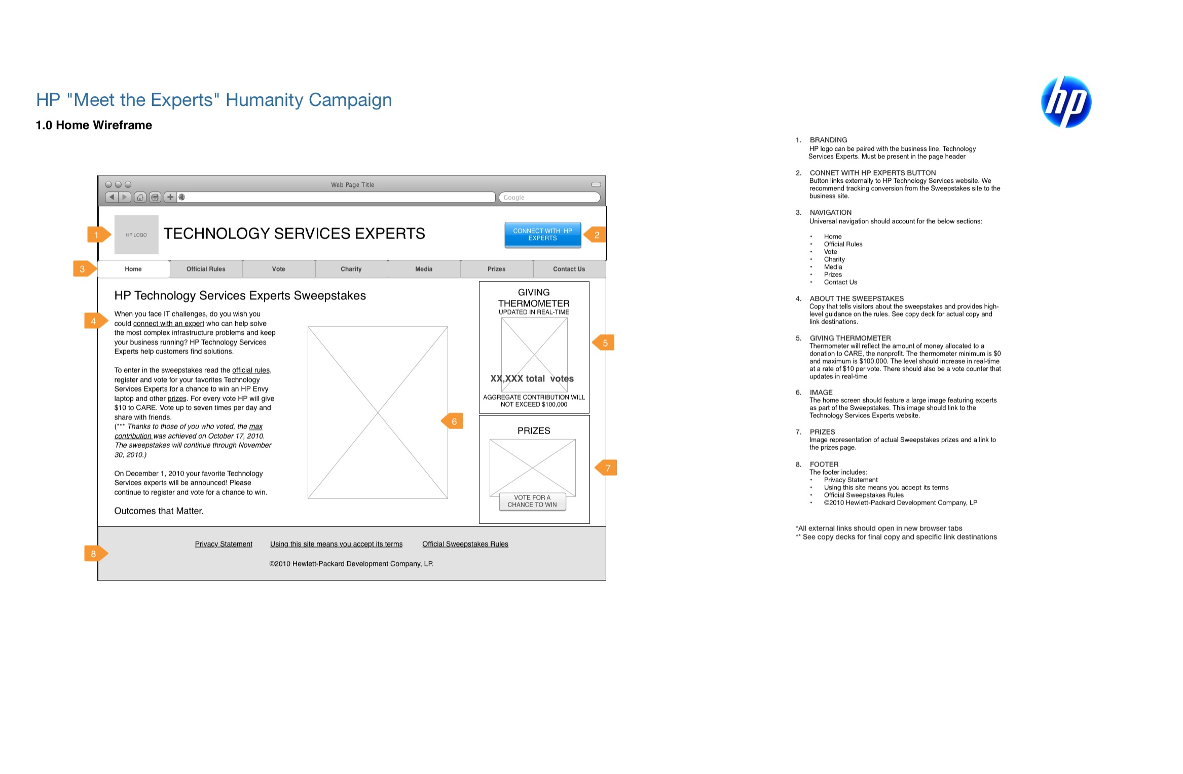 HP Sweepstakes: Home Screen Wireframe