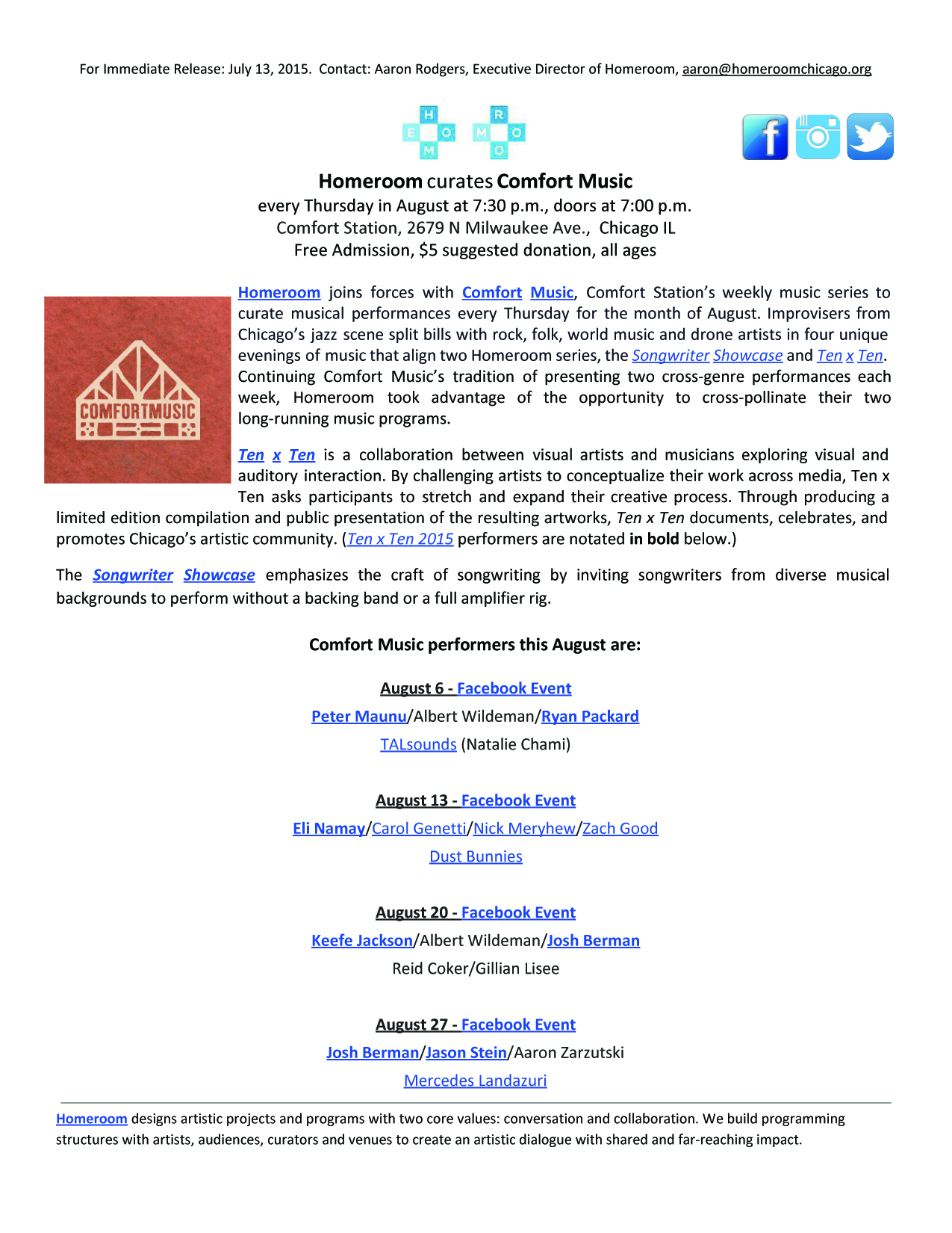 Comfort Music August 2015 press release
